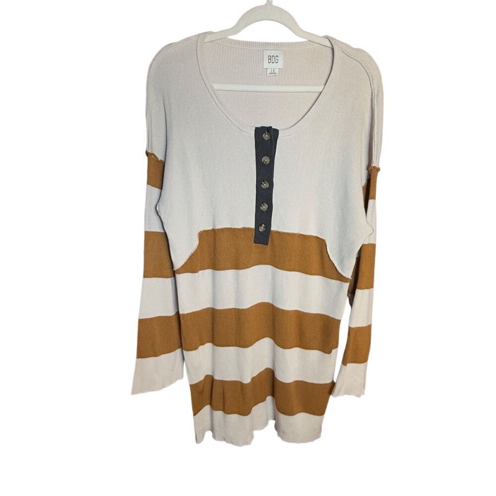 BDG Womens Ivory Brown Tunic Sweater Dress‎ Sz Large Henley Striped Ribbed Knit